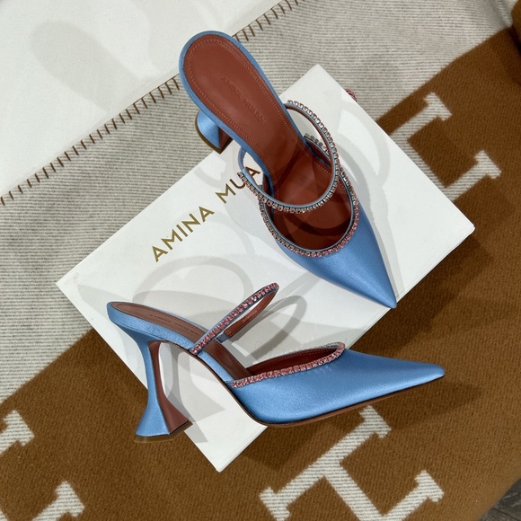 Amina Muaddi glida mule heels in powder blue with pink embellishments - Picture 2 of 8